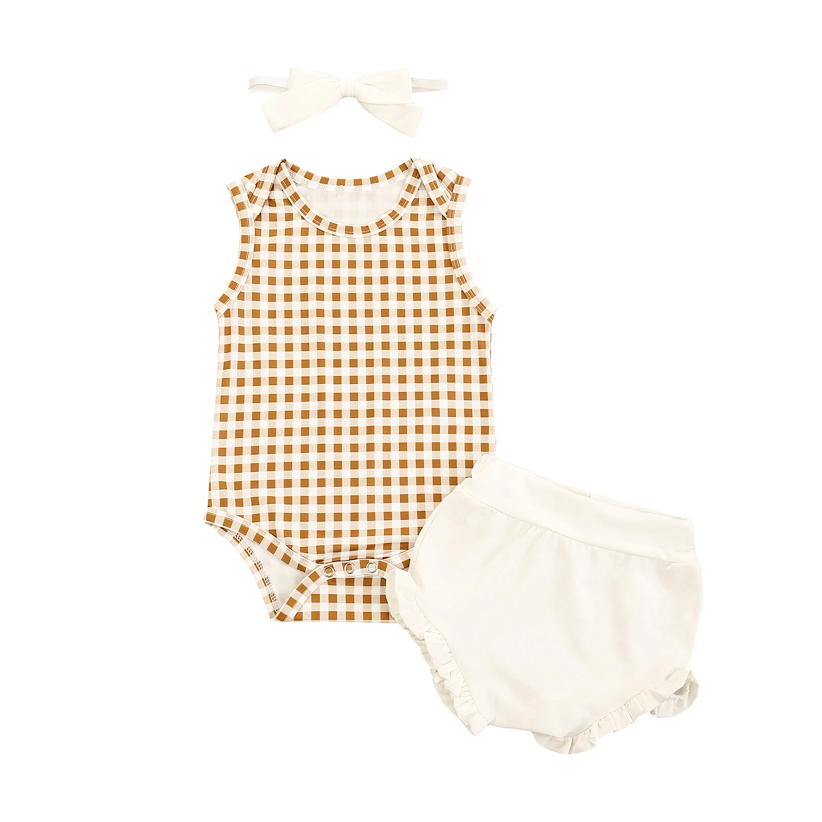 

Комплект одежды для малышей из 3 предметов, комбинезон без рукавов с узором в клетку, шорты с высокой талией и оборками на подоле, повязка для...