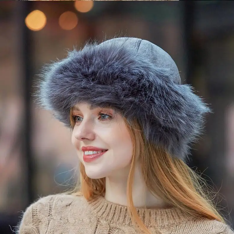 Mongolian suede fur imitation fox hair hat leather straw hat men and women plush thickened warm hat