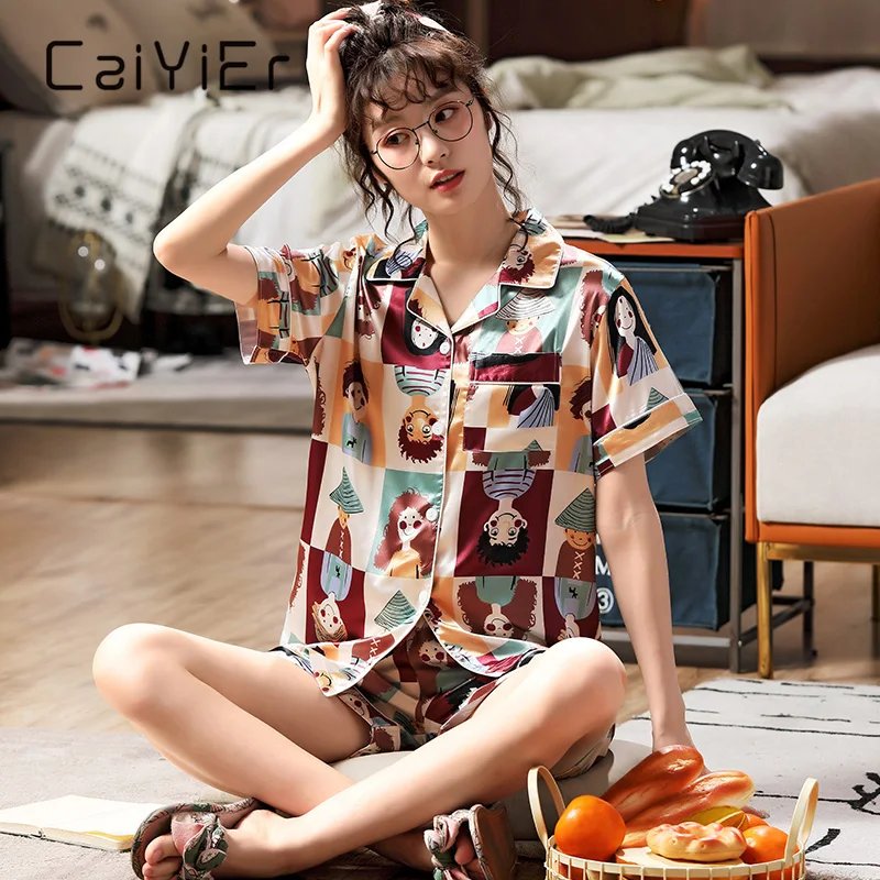 Летний пижамный комплект CAIYIER с мультяшным принтом милая шелковая ночная рубашка