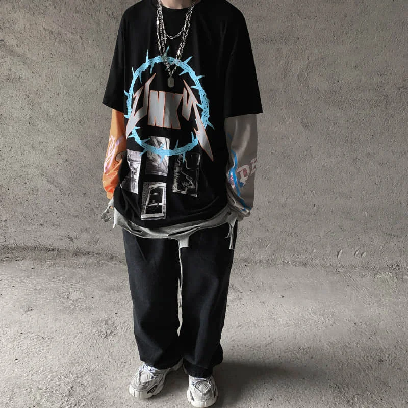 

Autumn Harajuku Oversize Tops Unisex T-Shirt Long Sleeve Gothic Tee Male Hip-Hop Loose Fake 2 Pieces Man's Streetwear Clothes