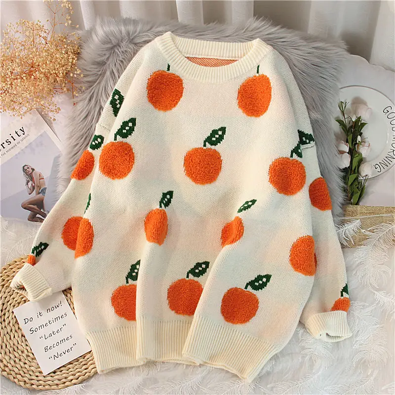 

Women's Sweet Retro Round Neck Knitted Pullover Fall Winter New Sweater Cherry Pattern Long Sleeve Knitwear Ladies Clothing Girl