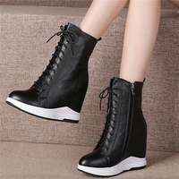 winter fashion sneakers women lace up genuine leather wedges high heel ankle boots female high top round toe platform oxfords
