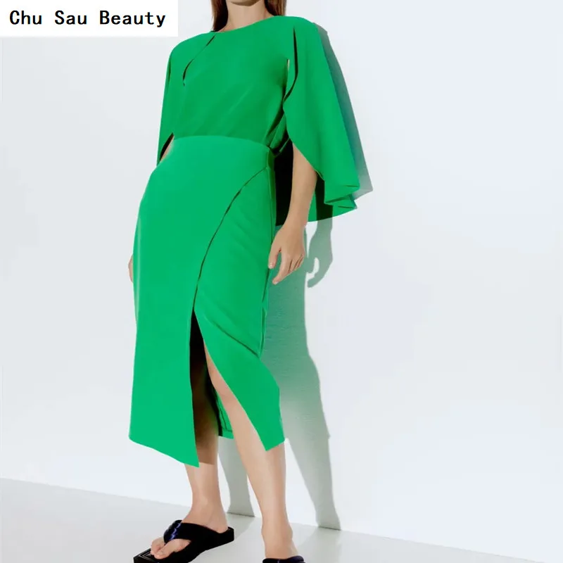 

2021New Women's Za Fashion Chic Split Fork Midi Skirt Summer High Waist Back Zipper Ladies Elegant All-Match Green Casual Skirts