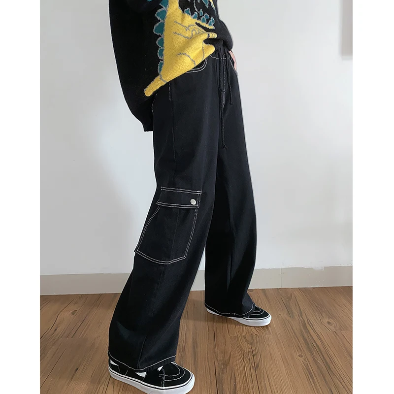 

Japanese open line Vintage loose pocket denim overalls men's straight tube trendy casual jeans