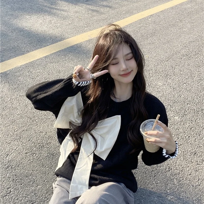 

Retro Knitwear Women's Loose Idle Pullover Autumn Winter Round Neck Korean Style Long Sleeve Bowknot Sweater Top Rac