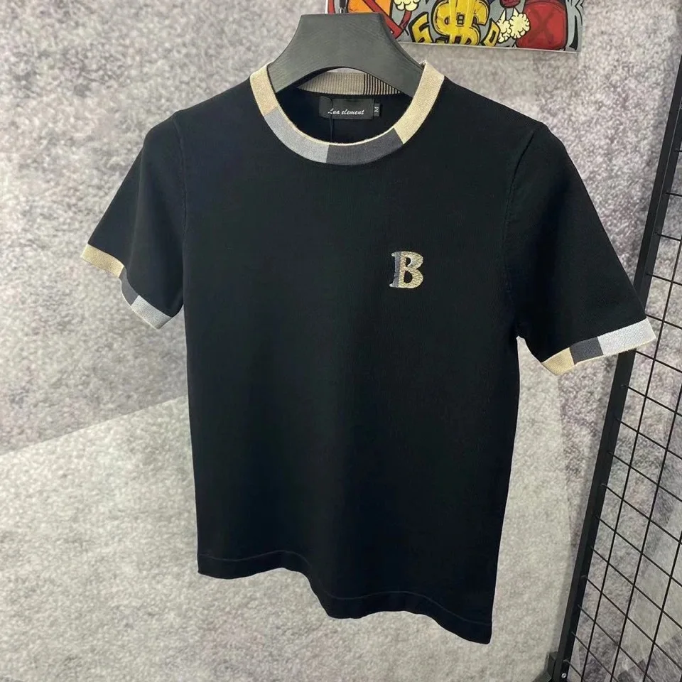 

Spring and Autumn Half-sleeved Sweater Sweater Bottoming Shirt Men's Round Neck Slim Classic Sweater Embroidery Embossing Tide