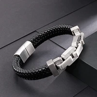 haoyi trendy leather bracelet metal geometric chain bracelets punk mens stainless steel jewelry