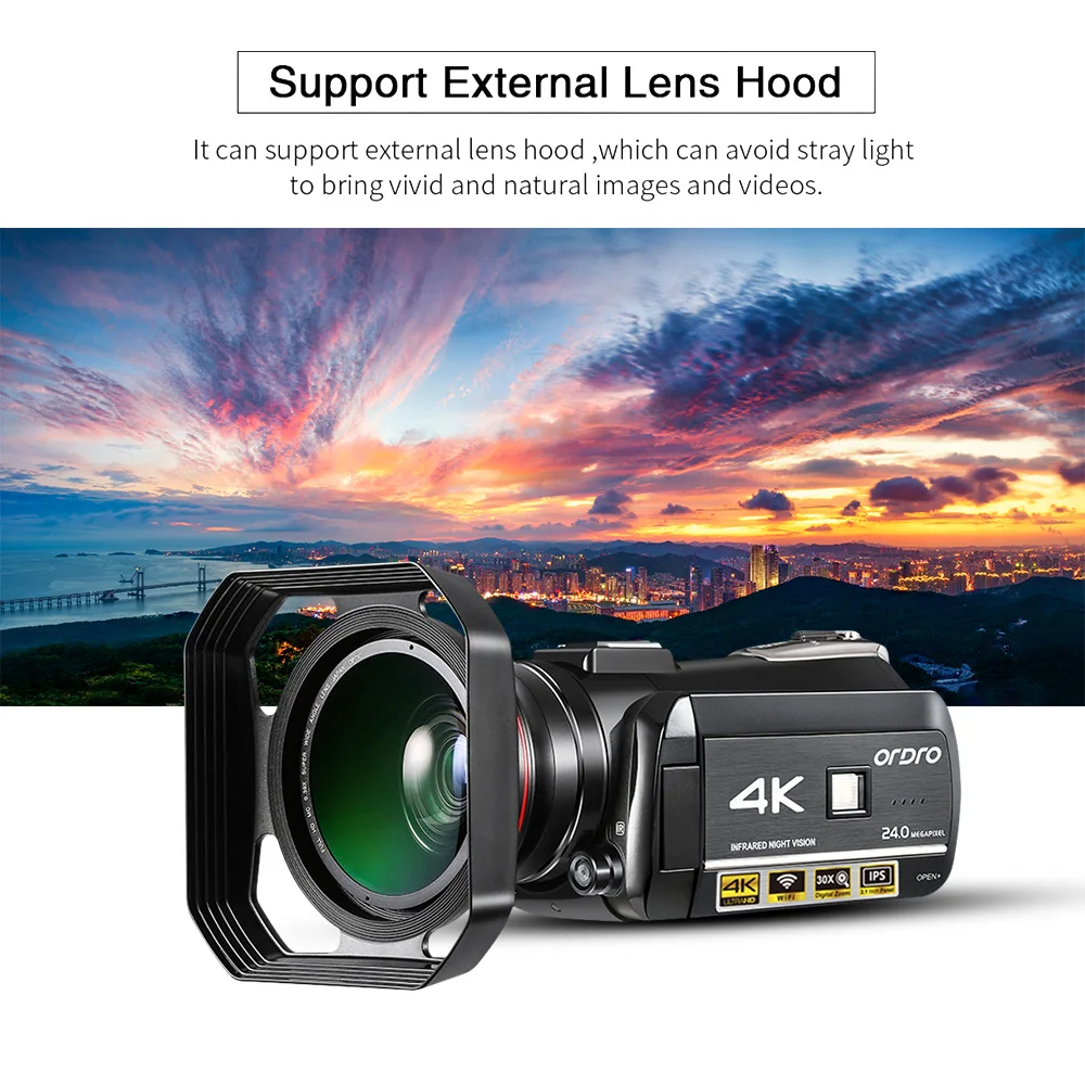ORDRO AC3 4K 24MP WiFi Digital Video Camera Camcorder DV 3.1 Inch IPS LCD Touchscreen with 2*Batteries+Lens+Microphone+Lens Hood |
