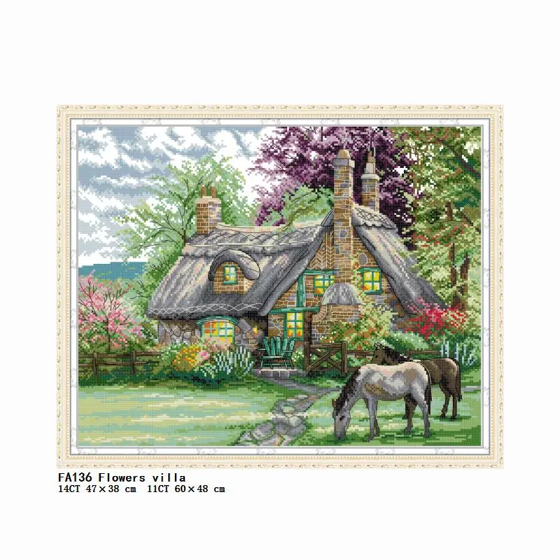 

Joy Sunday Flowers Villa Cross Stitch Embroidery Needlework Kits Counted Patterns Stamped Thread 11CT 14CT Printing Fabric Decor