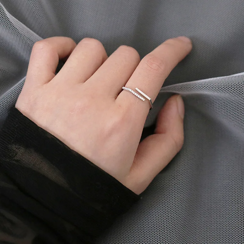 

New Silver Geometry One Word Stick Rings 925 Inlaid Zircon Adjustable Handmade Ring For Girl Women Fashion Jewelry Adjustable