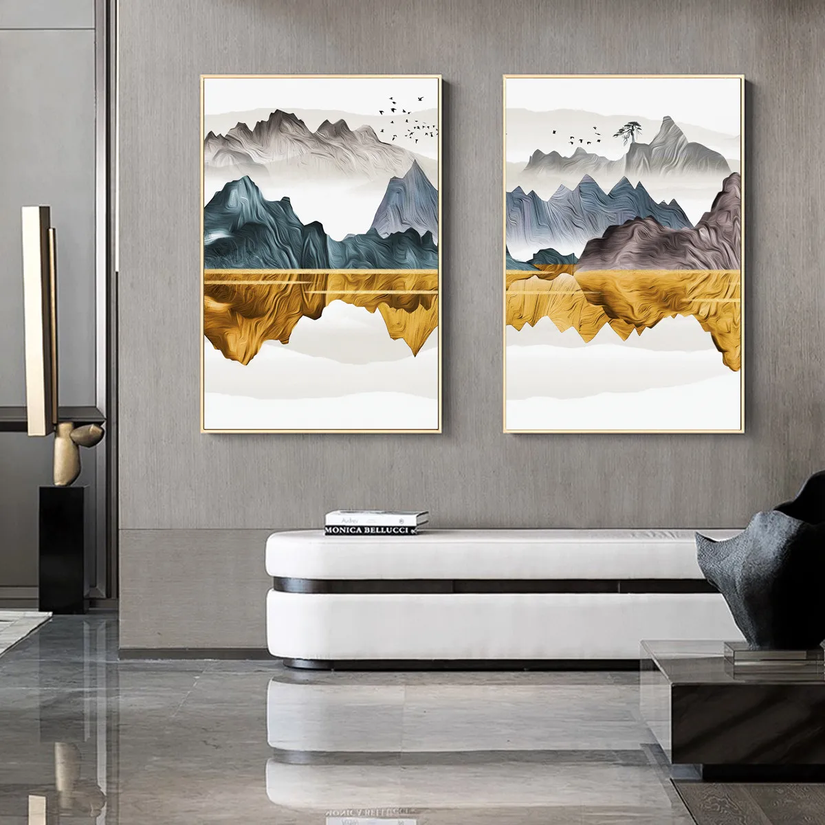 Постер золотого цвета в скандинавском стиле с изображением гор озера пейзажа