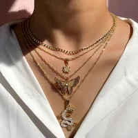 2022 vintage crystal dragon pendant necklace for women gold color butterfly metal long chain necklace boho party jewelry gift
