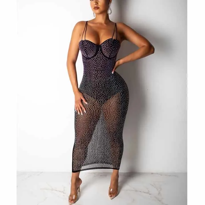 Женское платье на тонких бретельках длинное прозрачное Сетчатое с открытой