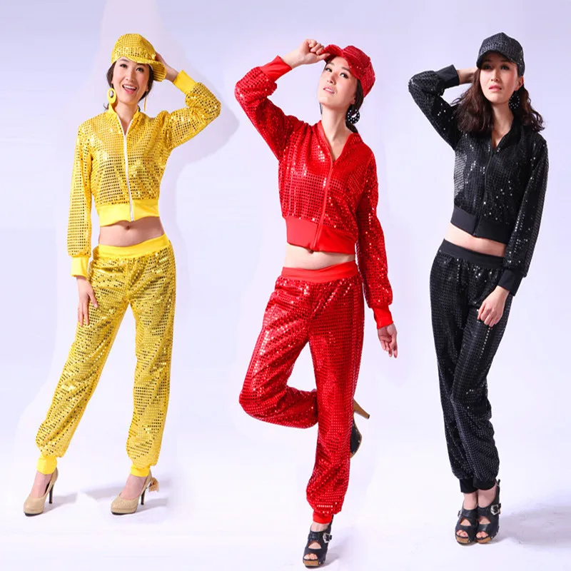 Free Polyester Full Elastic Waist V-Neck Shipping Woman Crop Top Set Real European Version 2020 New Dance Sequins Clothing Suit | Женская