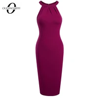 women elegant charming ball party pure color o neck halter ruched slim pencil knee length dress eb663