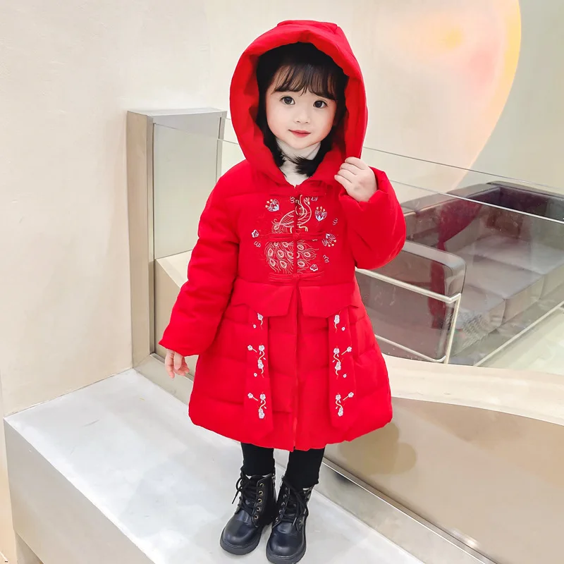 

Winter Baby Girls Cotton-padded Parka Coats Hooded Thicken Warm Long Jacket Toddler Kids Outerwear Red Babe Children Trench Coat
