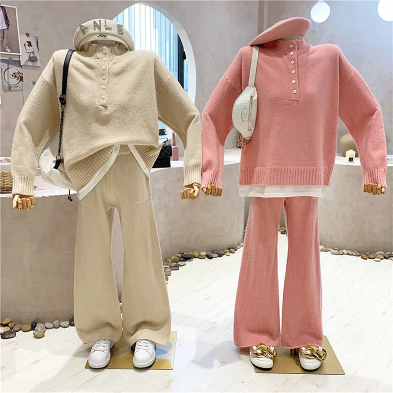 

New Women's Clothing 2021 Autumn Winter Pullover knitted sweater + elastic High Waist Wide Leg casual pants two-piece set