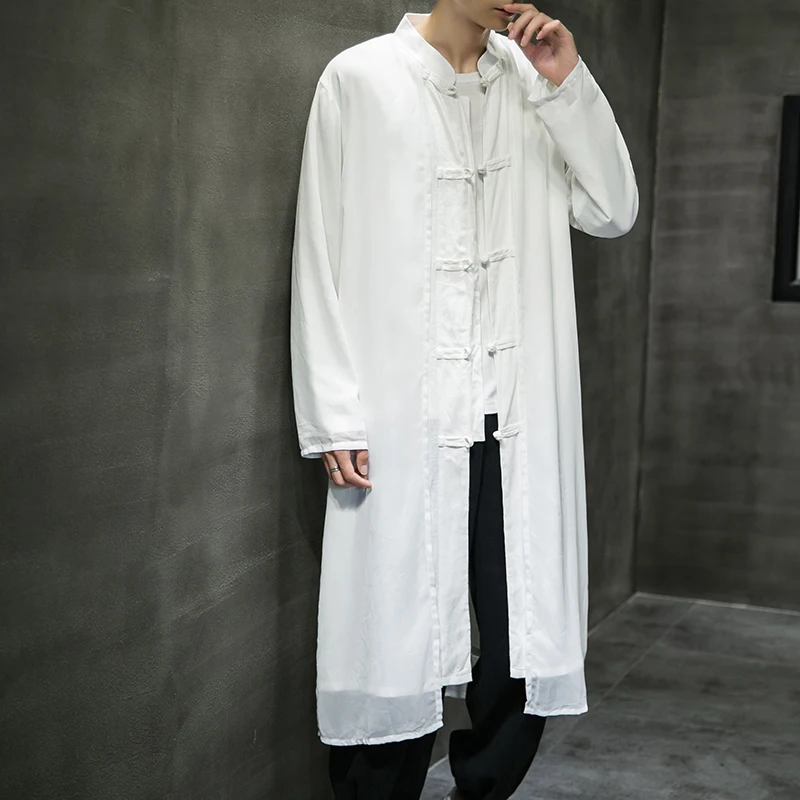 Тренчкот мужской из льна и хлопка длинная свободная ветровка в китайском стиле