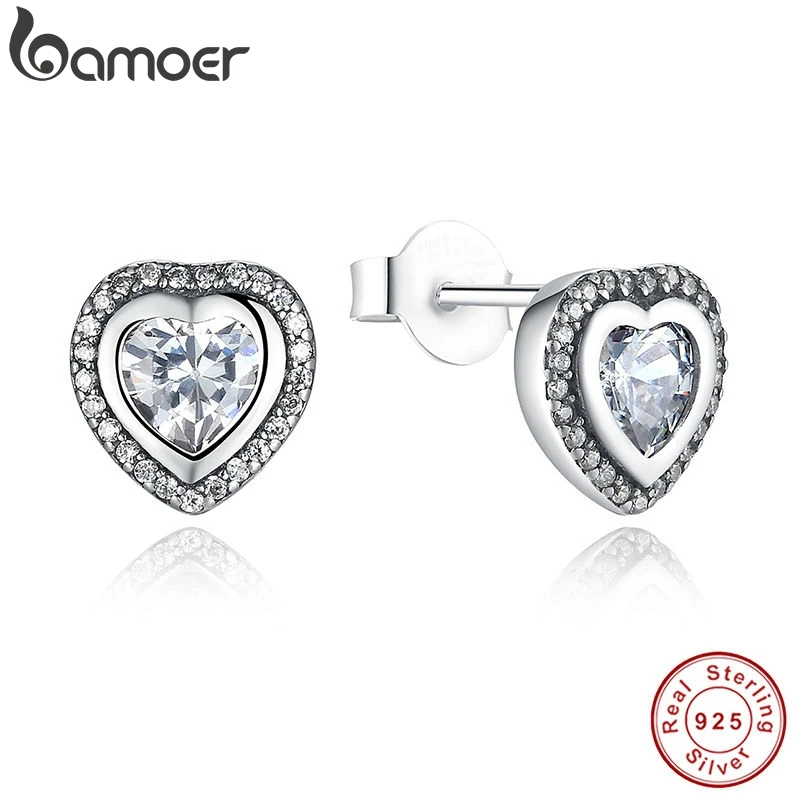 

BAMOER 925 Sterling Silver Love Heart Shape Stud Earrings for Women Clear Cubic Zirconia Fashion Anniversary Jewelry PAS405