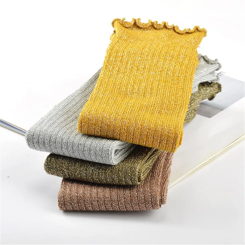 Girls Shining Glitter Ankle Socks 5 Pairs/Lot Warm Women Solid Cotton Wrinkle Cuff Silver Lurex Winter Socks