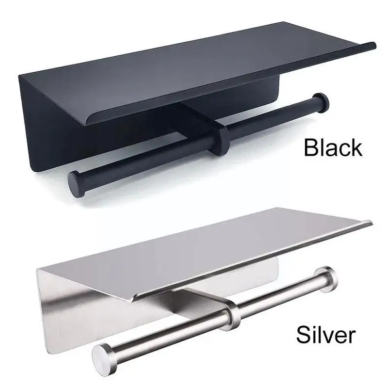 

Double Roll Toilet Paper Holder Shelf Wall Mount Bathroom Silver Dual Rack Black Tissue Holder Phones/Wipes with Storage Ro I1K8