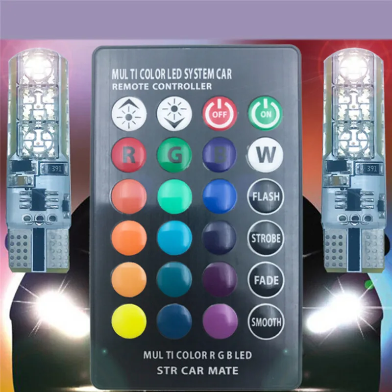 

2Pcs T10 5050 SMD RGB 6 LED Auto Car Wedge Side Light Lamp LED Demo Lamp Bulb W/Remote Controller Strobe