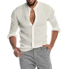 Рубашка мужская с воротником, Пляжная блуза без воротника, с длинным рукавом, повседневная гавайская рубашка, однотонная белая