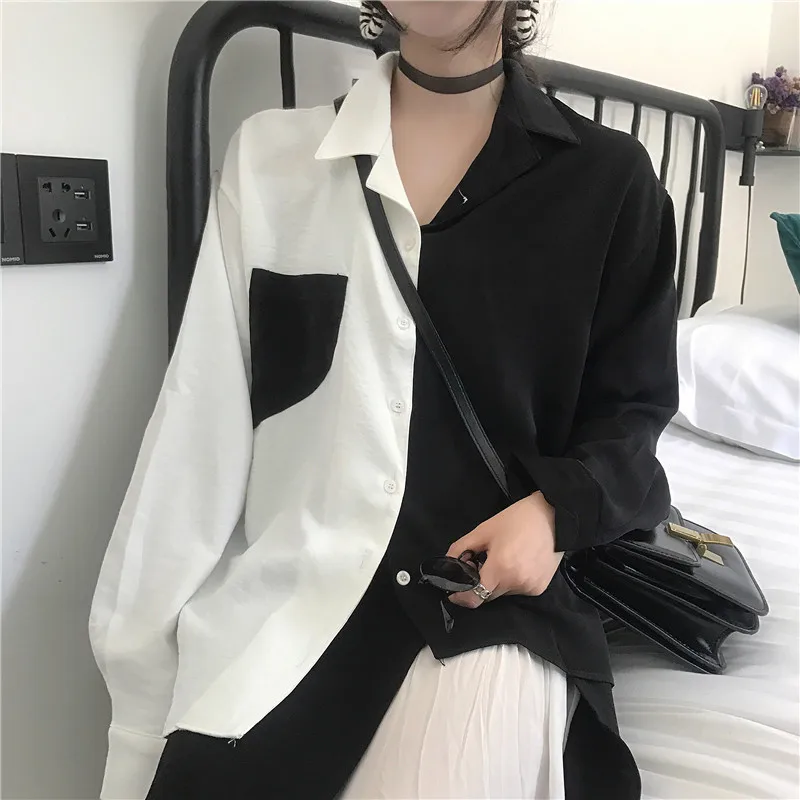 Fanco Korean Summer Harajuku Women Tops Contrast Blouses Black White Patchwork Shirt Elegant Lady Chic Blusas |