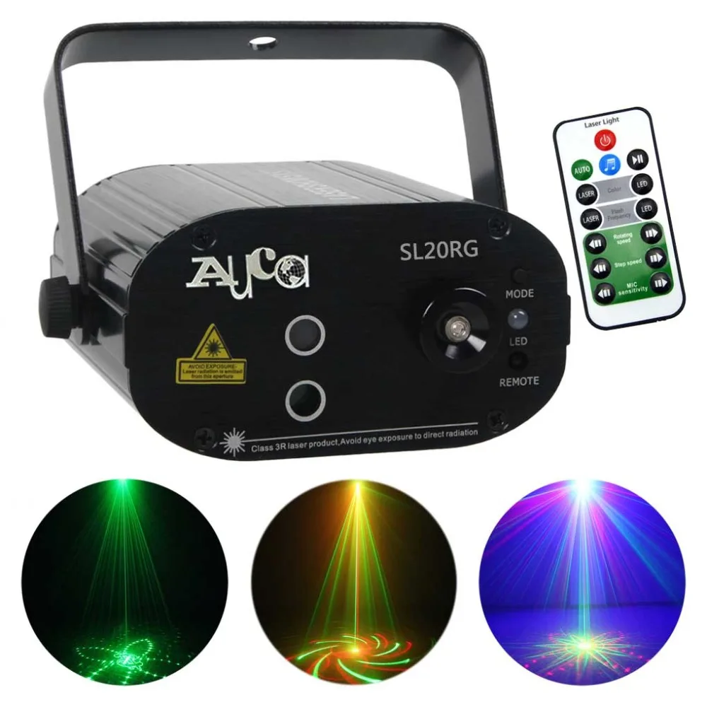 

AUCD Mini Portable IR Remote 20 Patterns Red Green Laser Projector Lights & 3W LED Lamp Mix Effect Stage Lighting DJ Show SL20RG