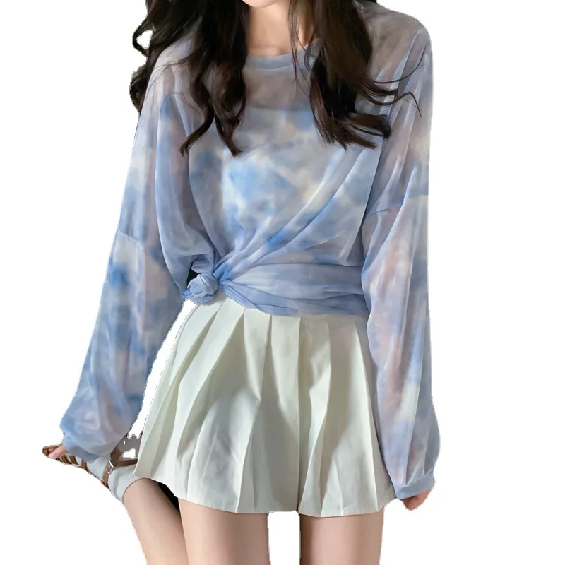 

New Tie Dyed Shirts Summer Blouses Women Mesh See Through Sunscreen Ice Silk Blouse Loose Korean Style Fashion Blouse Mujer