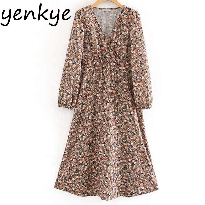 Женское винтажное платье с цветочным принтом длинным рукавом V образным вырезом