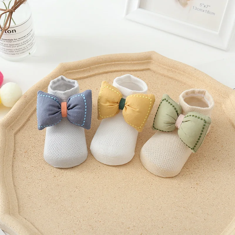 5Pairs/lot 0-3 Yrs old mesh children's boat socks girls boys toddlers combed cotton newborn socks large bow decoration baby sock