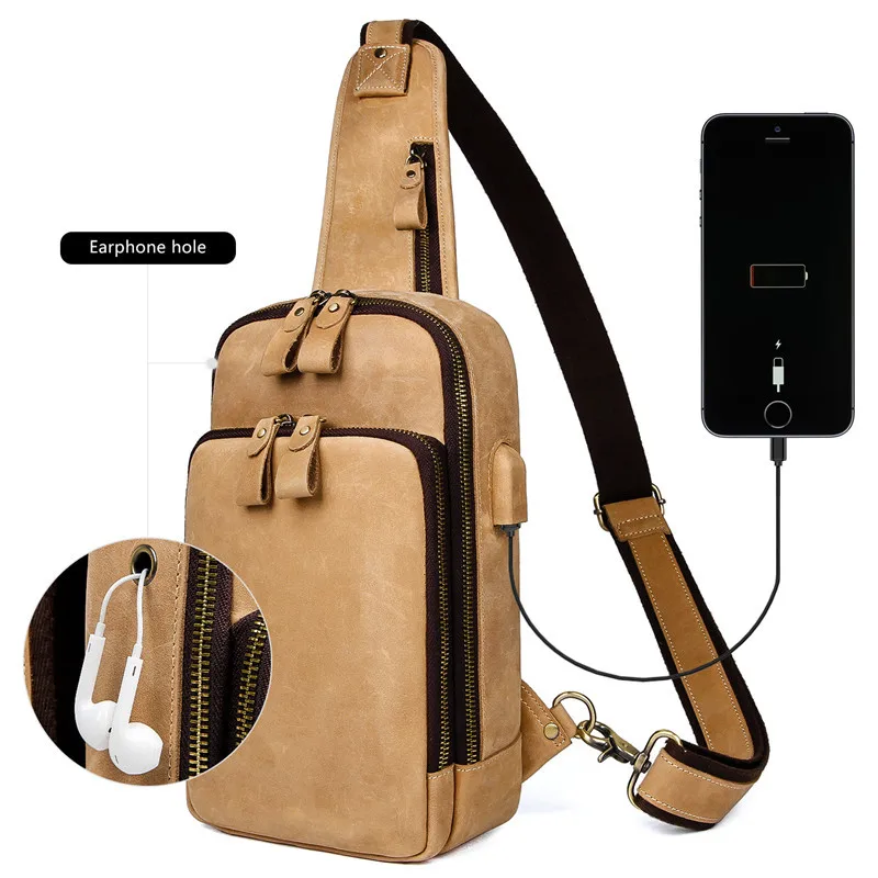 Leather Messenger Bags Men's Casual Bag For Men Chest Bag Brand Designer Multi-function USB Charge Headphone Jack Chest Pack