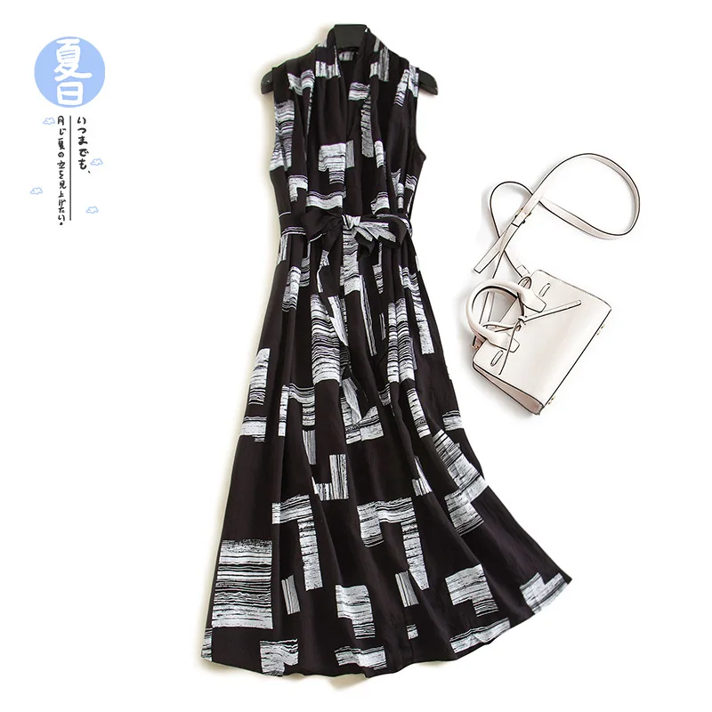 

2020 summer women new chiffon dresses female sleeve printed belt v-neck midi vestidos fashion tank dress JC301