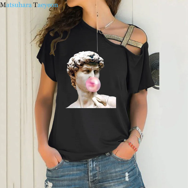 

Summer Funny T Shirts David Michelangelo Print Statue Bubble Gum Chewing Gum Short Sleeve Women T-shirt Top Clothes