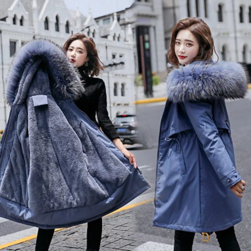 Winter ladies warm parka coat large size thick mid-length hooded parka fashion adjustable waist fur collar coat new style 2021