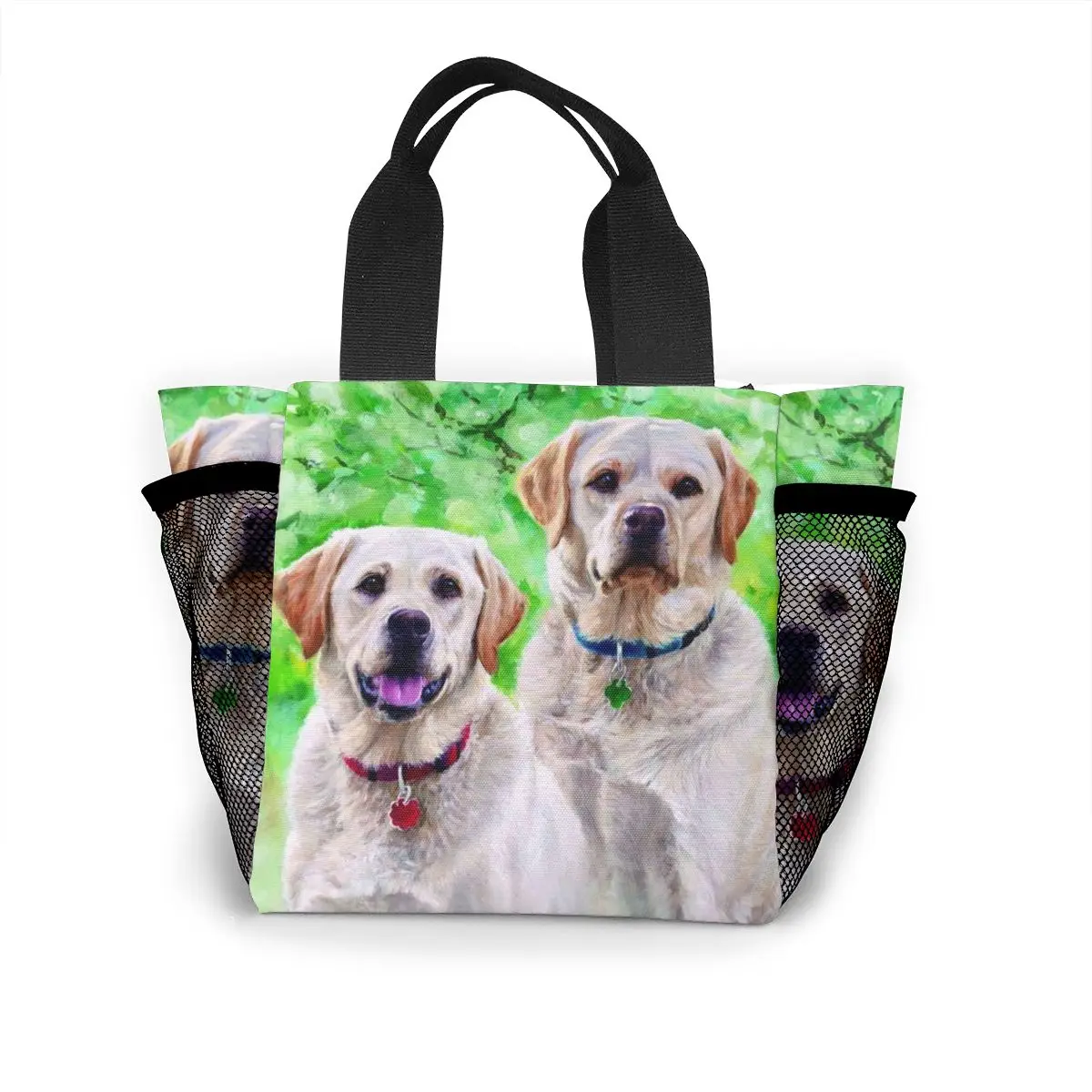 

WHEREISART Golden Retriever Print Lunch Bag Insulated Cold Canvas Stripe Picnic Carry Case Thermal Portable Lunch Box Bolsa