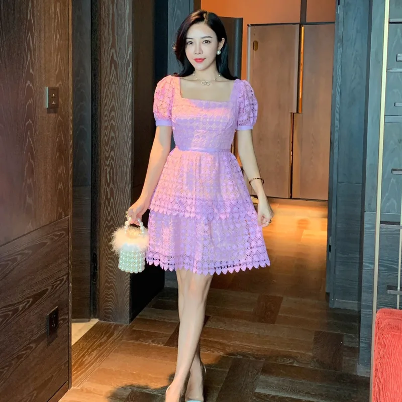 

New Summer Lace Dress Women 2021 Elegant Square Neck Puff Sleeve Hollow Out Embroidery Patchwork Ruffle Mini Party Dresses