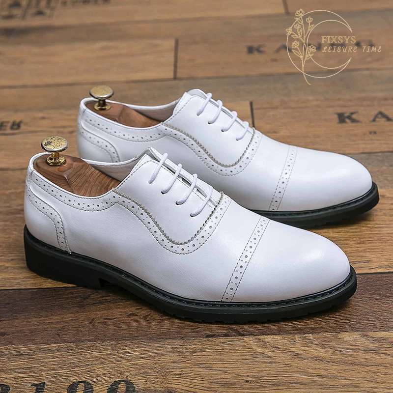 

FIXSYS Fashion Mens Dress Shoes Leather Lace-up Oxfords Shoes White Wedding Formal Shoes British Style Brogue Shoes Office Shoes