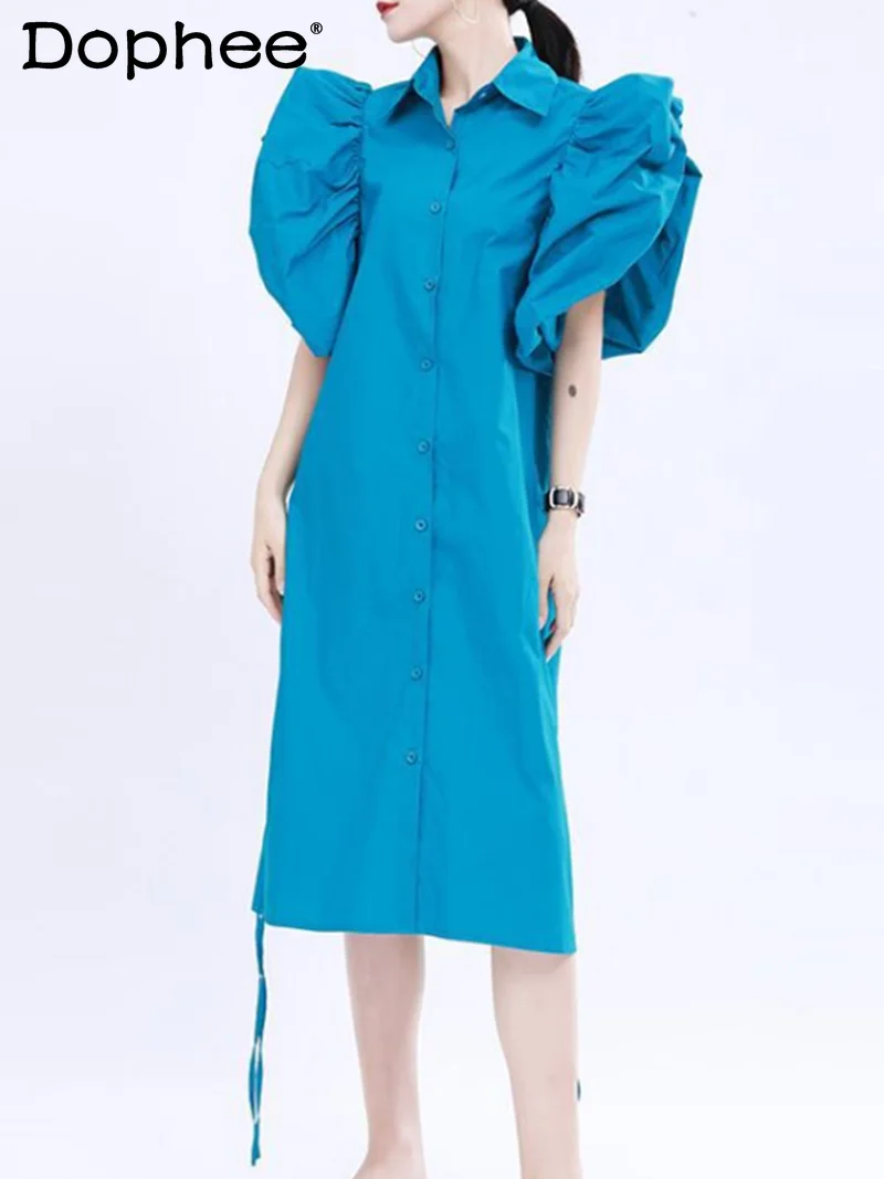 

Однотонное индивидуальное платье-рубашка с пышными рукавами, женское свободное повседневное однобортное платье миди, Новинка лета 2021, модн...