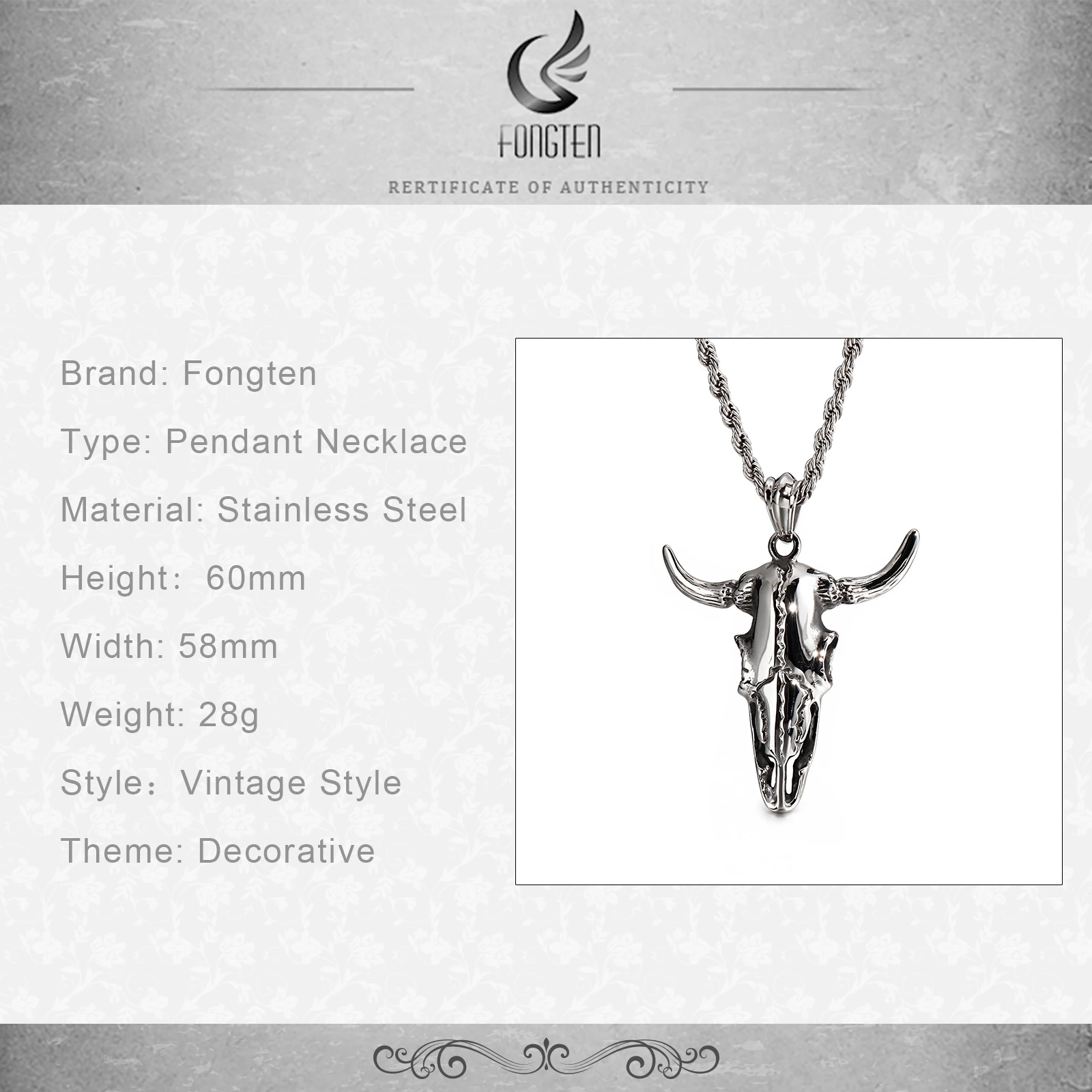 

Fongten Bull Fighting Cattle Buffalo Skull Pendant Necklace Men Stainless Steel Necklaces Jewelry