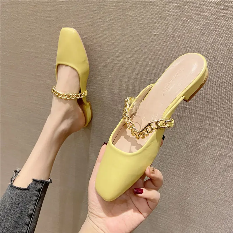 

2021 Summer New Style Square Head Flat Bottom Baotou Back Empty Half Slipper Women's Shoes Metal Chain Flat Heel Slipper Sandal