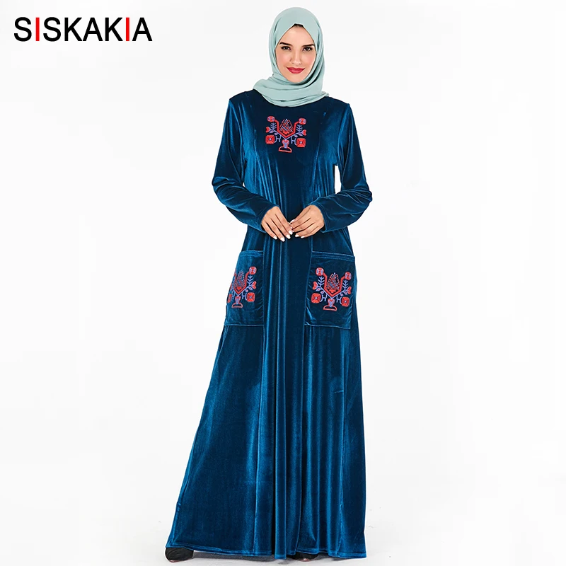Женское вельветовое платье Siskakia длинное с вышивкой растений Повседневное