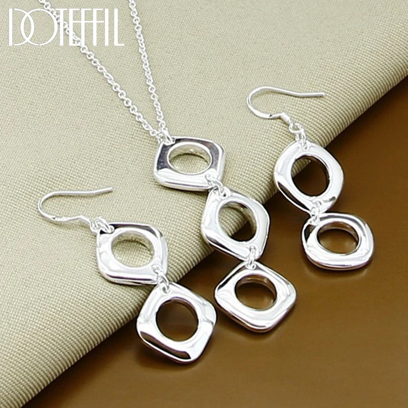 

DOTEFFIL 925 Sterling Silver Round Square Pendant Necklace Earring Set For Woman Wedding Engagement Party Fashion Charm Jewelry