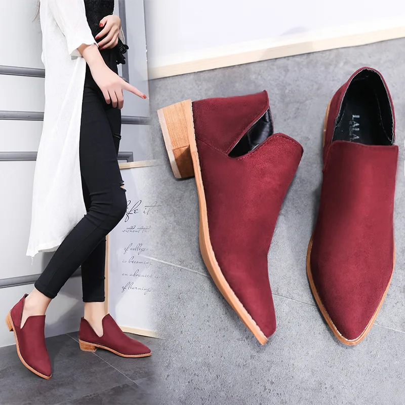 

2022 New Ankle Boots V Shape Pointed Toe Chelsea Boots Low Heels Woman Fashion Flock Slip-On Women's Autumn Shoes