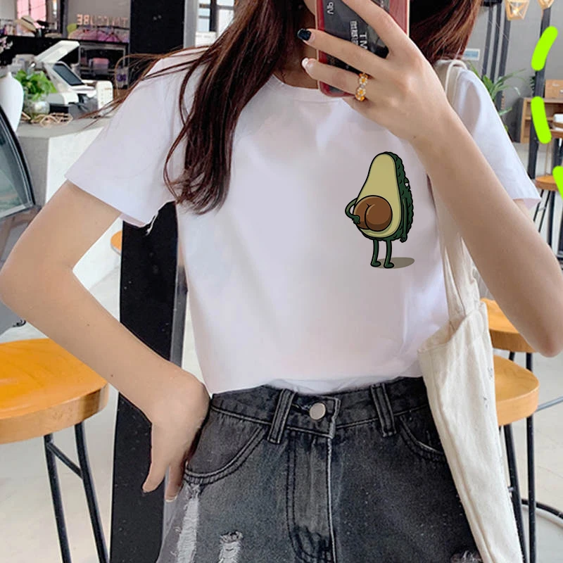 

Fashion cartoon avocado Graphic Print Women's T-shirt belief vegetarian Harajuku fashion white loose O neck short sleeve top