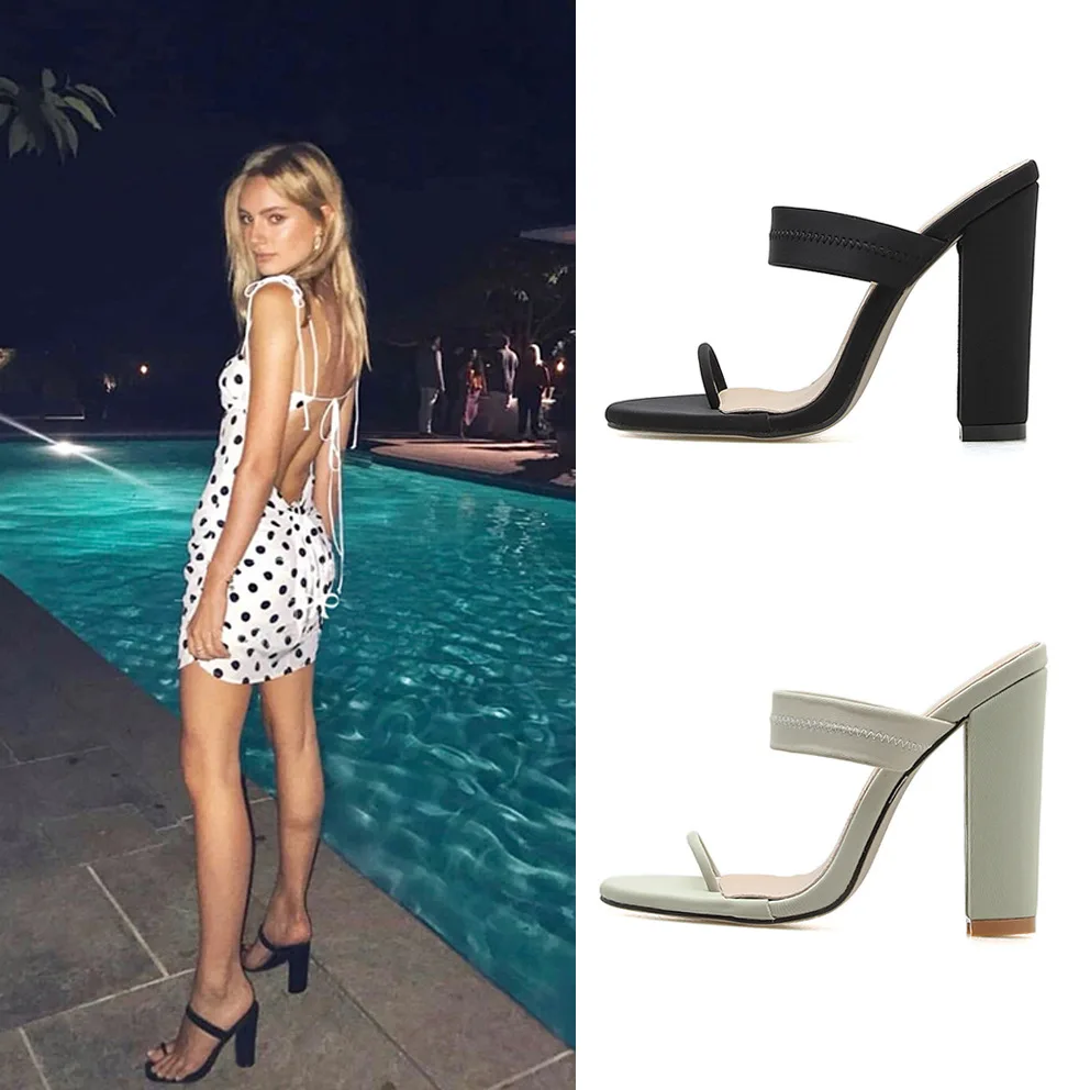 

MHYONS 2019 Leisure PVC Solid Women Open Toe Square High Heel Crystal Women's Shoes Black Light Green Outside