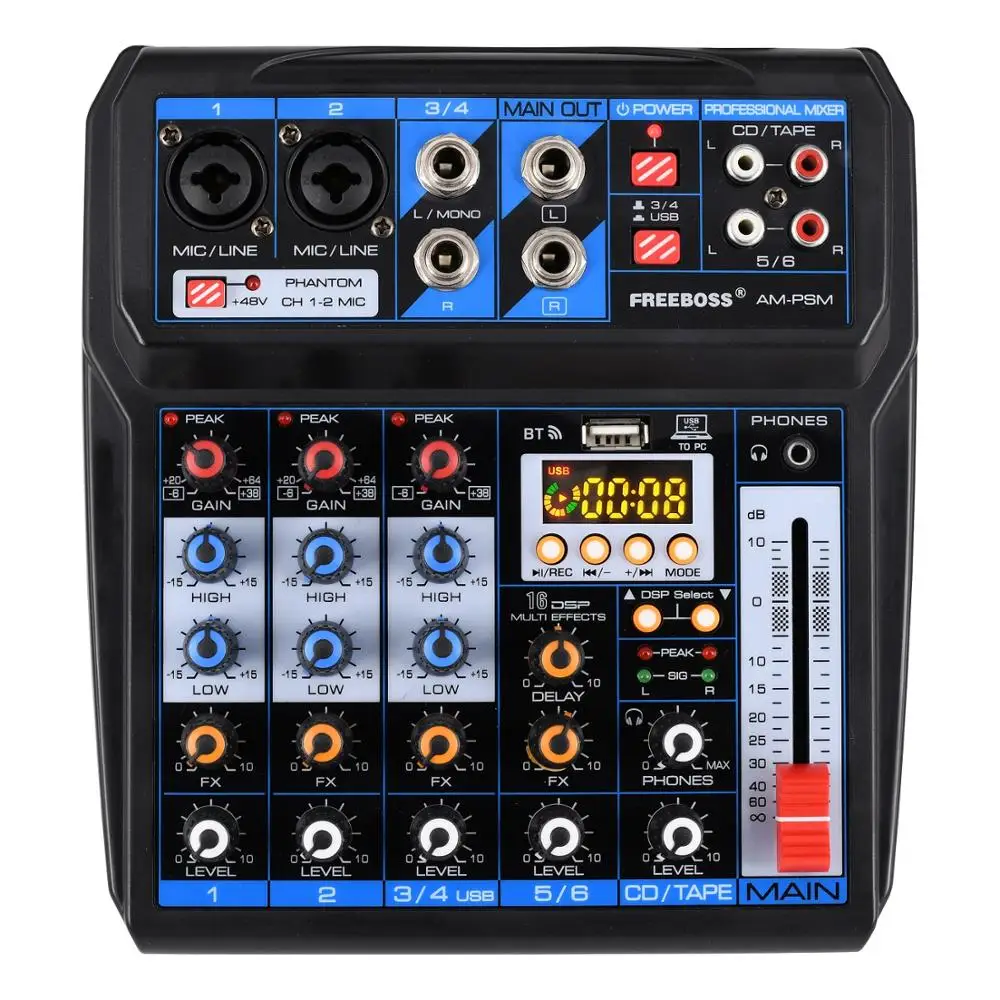 

Freeboss AM-PSM DC 5V Power Supply USB Record Computer Record Sound Card 6 Channel 2 Mono 2 Stereo 16 Effects Audio Mixer