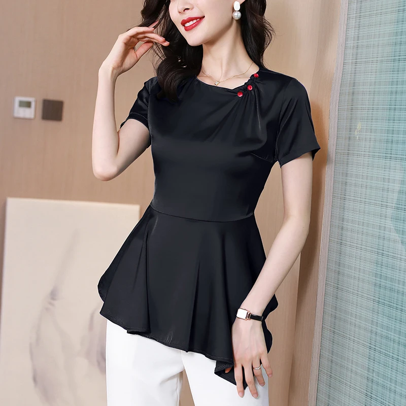 

Blouse Women Summer 2021 Office Lady Short Sleeve Chiffon Solid O-Neck Purple Blue Black Blusas Womens Tops And Blouses