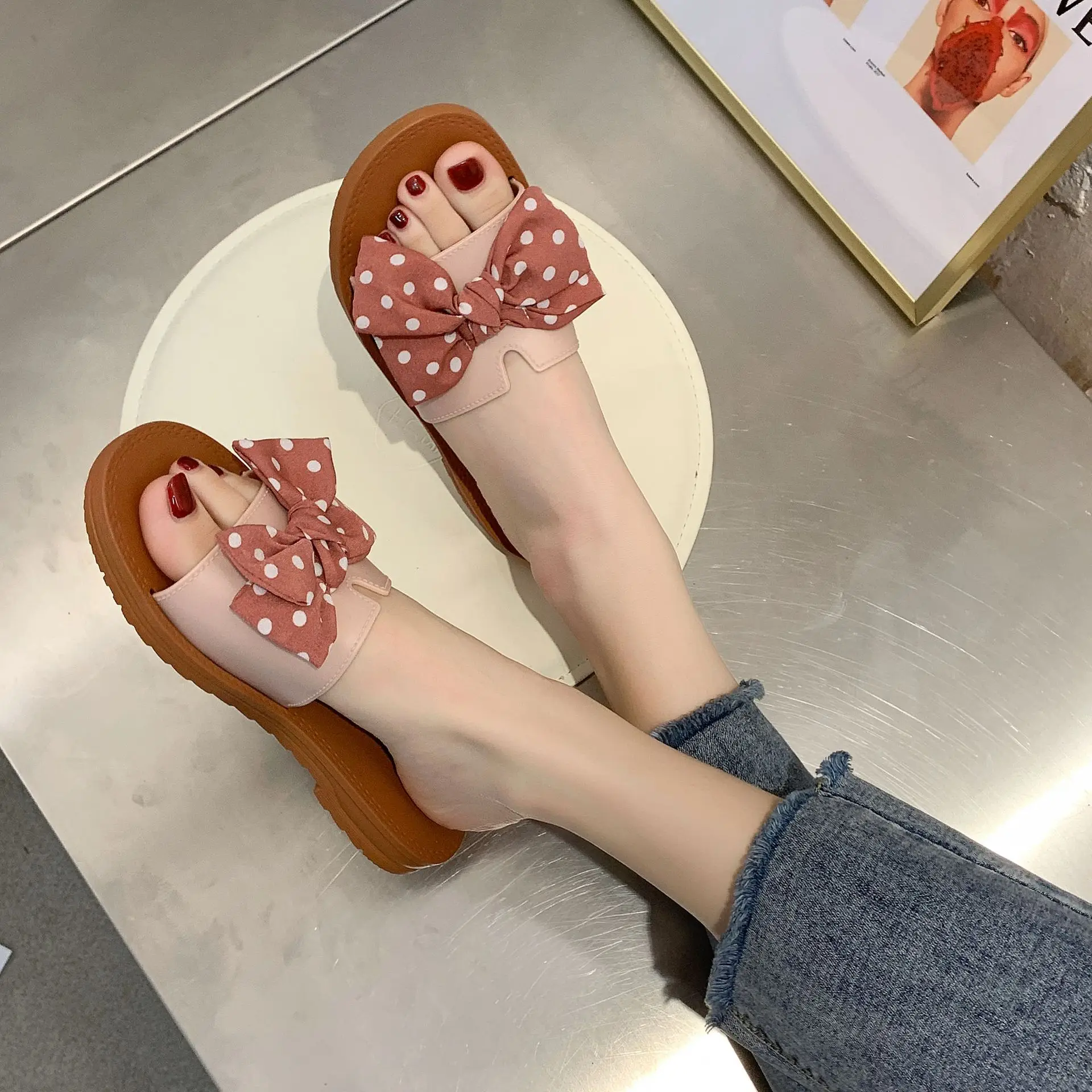 Slippers Women's All-match Fashion Bow Sandals Summer Holiday Beach Shoes Flat Non-Slip Slippers Womens Slippers Outdoor